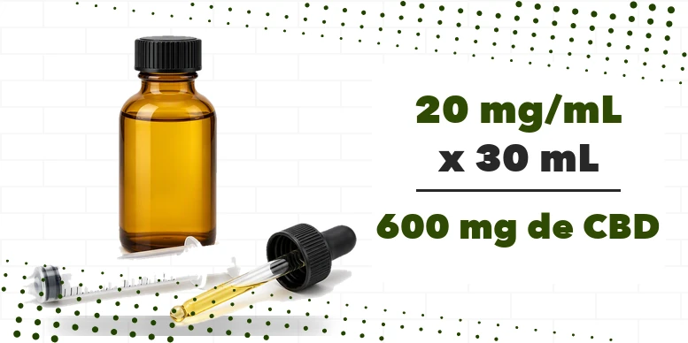 Frasco âmbar de solução oral ao lado de seringa dosadora e conta-gotas, com a conta 20 mg/mL x 30 mL = 600 mg