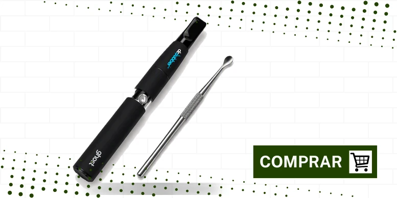 Caneta vaporizadora Ghost da Dr. Dabber em preto fosco ao lado de uma ferramenta de carga com ponta em colher