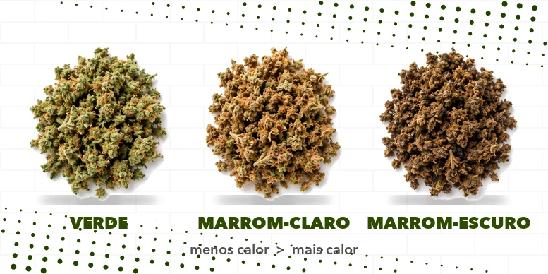 Três tons de erva vaporizada lado a lado: verde, marrom-claro e marrom-escuro, do menor para o maior calor