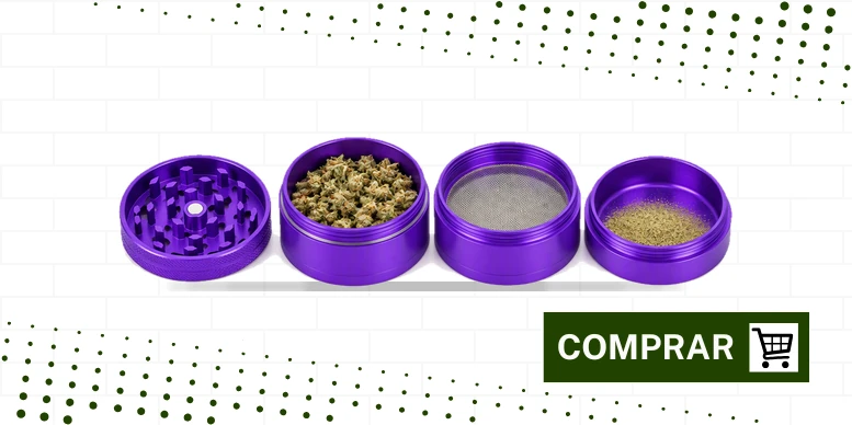 Dichavador de 4 partes aberto, com a tela metálica e a base onde o kief se acumula