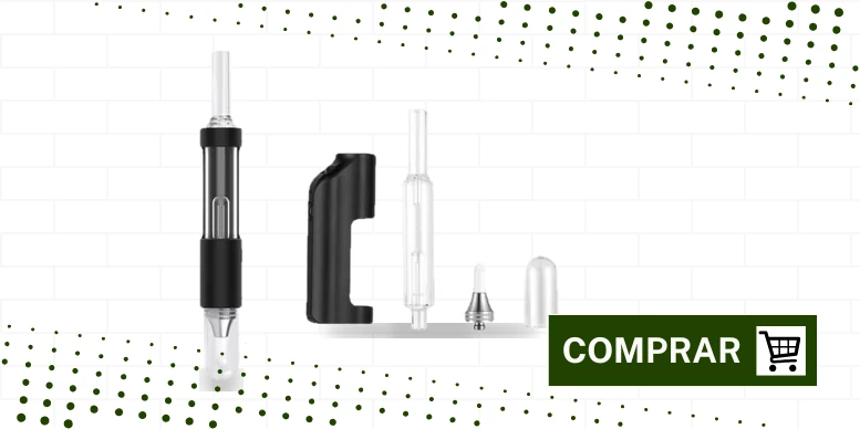 Daboo da XVape montado e desmontado: corpo com bateria, bubbler de vidro, ponta de cerâmica e tampa de vidro