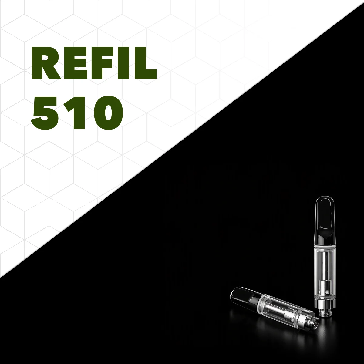 Dois refis 510 vazios com bocal preto e tanque transparente sobre fundo preto