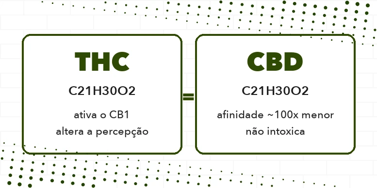 Duas moléculas com a mesma fórmula C21H30O2: THC e CBD, isômeros com arranjos diferentes