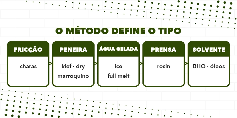 Diagrama dos cinco métodos de separação do tricoma: fricção, peneira, água gelada, prensa a quente e solvente